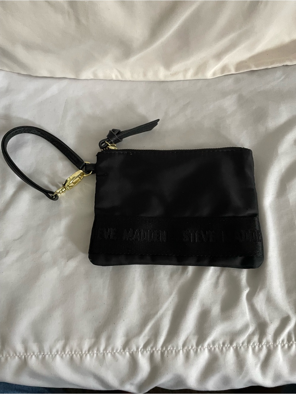 Steve Madden Black Satin Wristlet with Gold Hardware